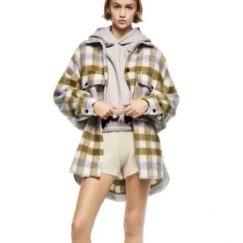 🔥Zara Brown and Cream Plaid Teddy Jacket Sz XS/S